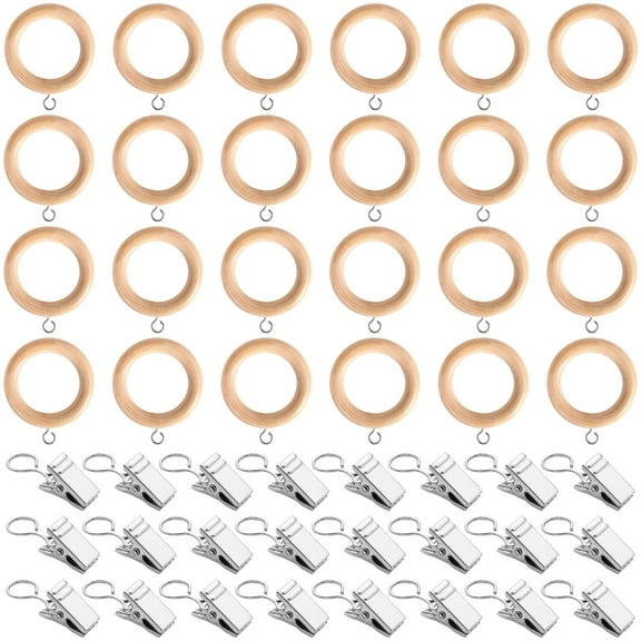 48 Pcs Wooden Curtain Rod Rings with Clips Set, 24 Wooden Rings with Stainless Steel Hooks 1.81 in, 24 Metal Drapery Clips, Farmhouse Style, 2.76 in OD, Wood Color, Silver