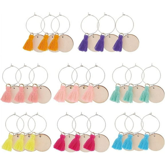 24 Sets Wooden Wine Glass Charms Tassel Dangle Drink Markers Tags with Pendants Tassel and Hoop Earrings for Wine Cocktail Champagne Tasting Party Favors Decoration Gifts Mixed Color