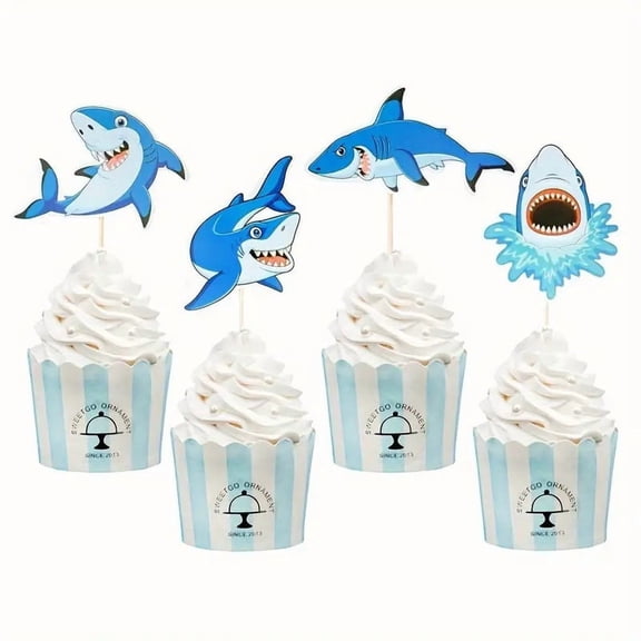 24 Shark Cupcake Toppers Ocean Animal Cake Picks Party Decor