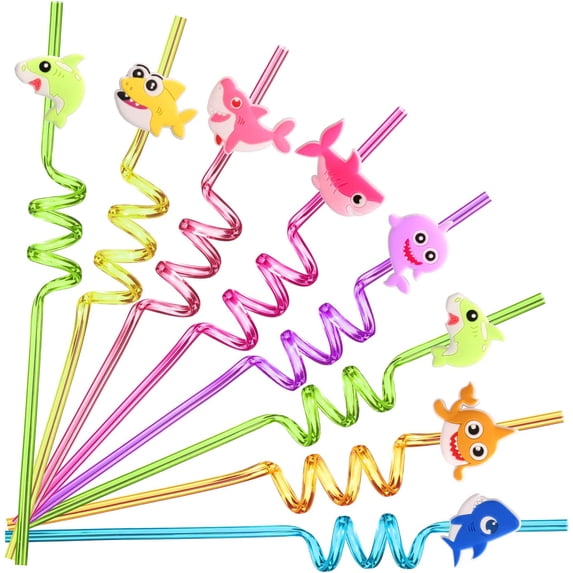 24 Shark Party Favors Reusable Plastic Straws for Boys Girls Kids Baby Swimming Ocean Shark Themed Birthday Party Supplies Decorations with 2 Cleaning Brushes