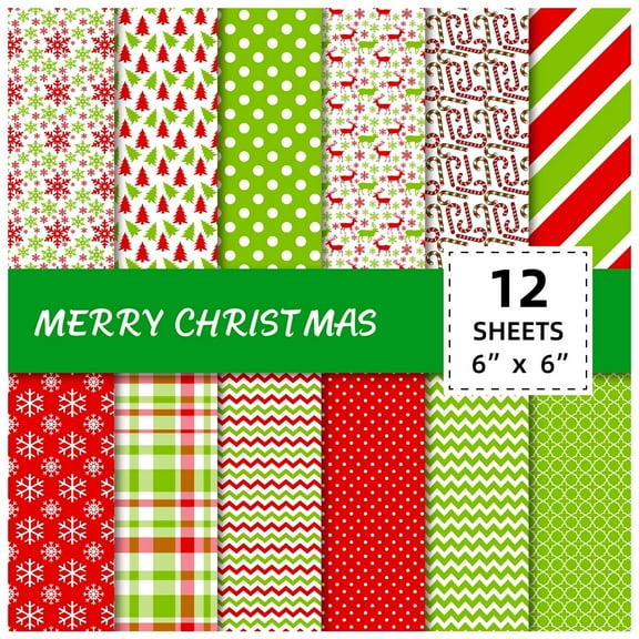 24 Sheet Christmas Pattern Paper Pack Merry Christmas Scrapbook Specialty Paper Double-Sided Collection Green Red Decorative Craft Paper Folded Flat for Card Making Scrapbook