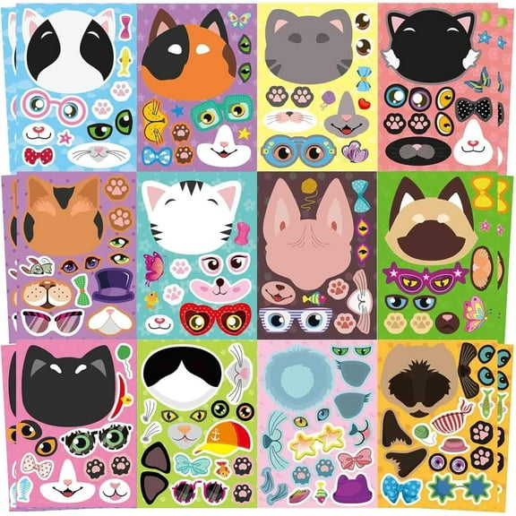 24 Sheet DIY Cat Stickers Kit for Kids, Create Your Own Animal Stickers, Creative Craft Gift for Birthday Party Favors, Scrapbook, Water Bottle Decor
