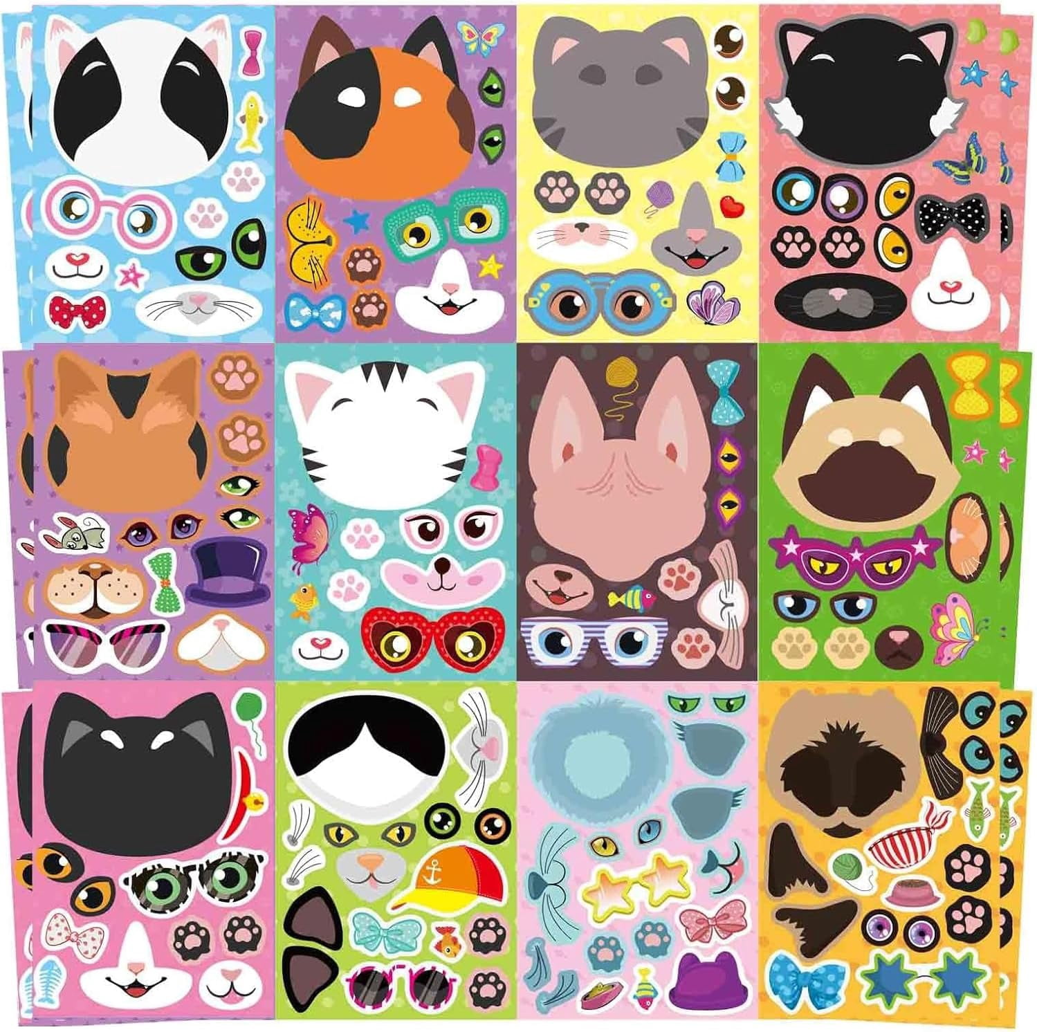 24 Sheet DIY Cat Stickers Kit for Kids, Create Your Own Animal Stickers, Creative Craft Gift for Birthday Party Favors, Scrapbook, Water Bottle Decor