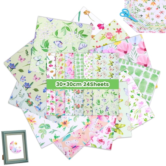 24 Sheet Scrapbook Paper, 11.8 x 11.8" Double Sided Decorative Craft Paper – Spring Floral Patterned for Junk Journal, DIY Card & Album Decoration, Green