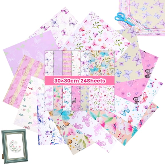 24 Sheet Scrapbook Paper, 11.8 x 11.8" Double Sided Decorative Craft Paper – Spring Floral Patterned for Junk Journal, DIY Card & Album Decoration, Pink