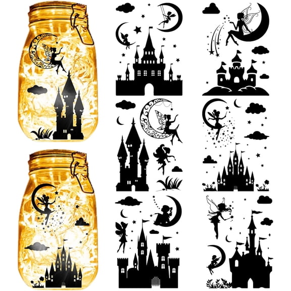 24 Sheets 6 Styles Fairy Angel Mason Jar Decals Moon Castle Stickers Die Cuts Silhouettes Self-Adhesive PVC Waterproof for Craft Scrapbook Lantern Jars Wall Window Glass Phones 7.8x5.9Inch for DIY