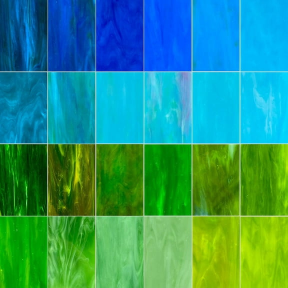 24 Sheets Blue & Green Stained Glass Variety Pack - 4 x 6 Inch Cathedral Art Glass for Mosaic Crafts and Projects