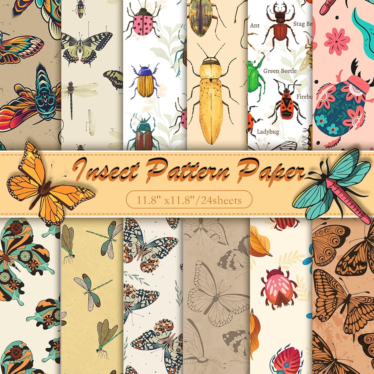24 Sheets Bug Pattern Paper 12x12in, Insects Double Sided Pattern