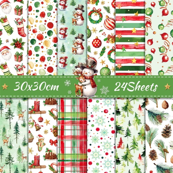 24 Sheets Christmas Scrapbook Paper, 12 x 12 Double Sided Xmas Cardstock Origami Craft Paper for Card Making Photo Album Junk Journal Supplies