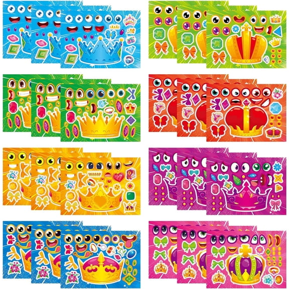 24 Sheets Crown Make a Face Stickers, Cute Party Games Sticker, Make Your Own Crown Stickers DIY Craft Sticker for Birthday Activities Party Favors Classroom Rewards