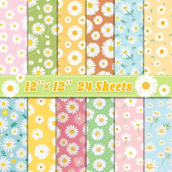 24 Sheets Daisy Scrapbook Paper 12''×12'' Double-Sided Summer Pattern ...