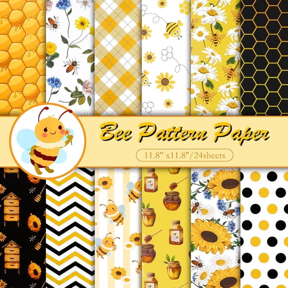 24 Sheets Double Sided Bee Scrapbook Paper 12x12 Yellow Pattern Craft Paper for DIY Bee Birthday Party Decorations Scrapbooking Supplies