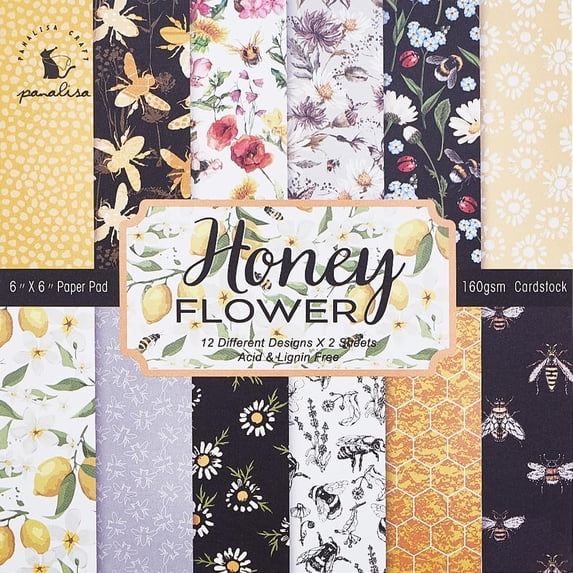 24 Sheets Floral Bees Scrapbook Paper Pad Honeycomb 12 Style Single-Side Cardstock Background Border Paper for Journal Decorative Greeting Card Making Supplies Art Album 6 x 6inch