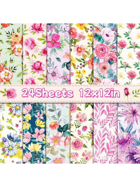 24 Sheets Floral Pattern Paper 12x12 inch, Watercolor Flower Double-Sided Crafts Paper for DIY Scrapbook, Wrapping Gift