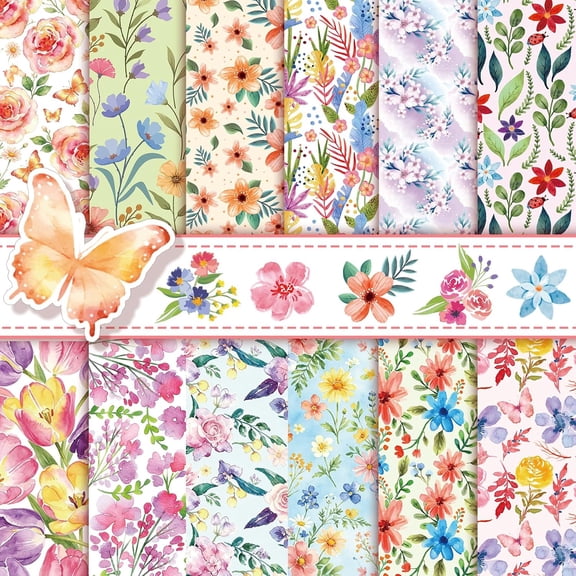 24 Sheets Floral Scrapbook Paper 12x12, Double Sided Flower Pattern Paper Spring Decorative Papers Floral Cardstock Pad Origami Papers for Card Making Scrapbook Supplies