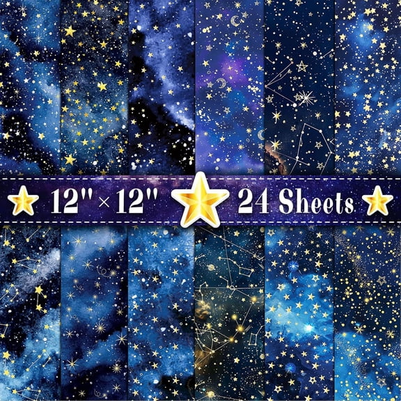 24 Sheets Galaxy Scrapbook Paper 12''  12'' Double-Sided Starry Sky Pattern Paper Blue Space Decorative Decoupage Cardstock for DIY Crafts Making Scrapbook Supplies