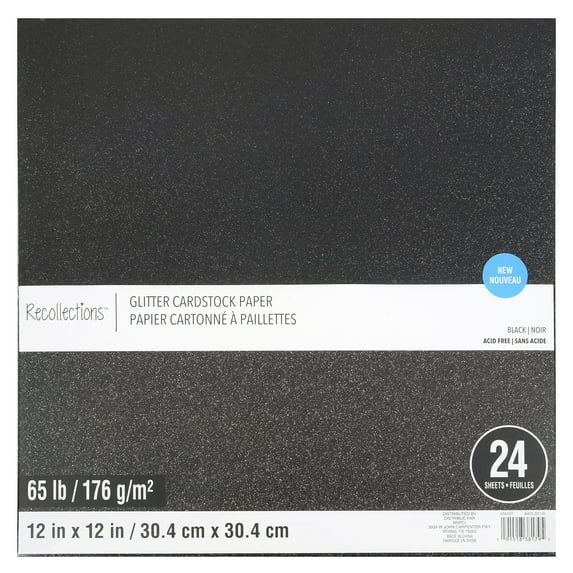 24 Sheets Glitter Black 12” x 12” Cardstock Paper Pack by Recollections - Acid and Lignin Free Paper for Scrapbooks - Arts & Crafts - 1 Pack