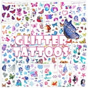 24 Sheets Glitter Temporary Tattoos for Kids, Waterproof Fake Tattoos Sticker, Butterfly Mermaid Fairy Flowers Tattoo Sticker for Birthday Party Favors Goodie Bags Stuffer Party Fillers