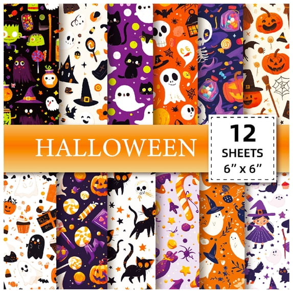 24 Sheets Halloween Pattern Paper Set 6"x6" Patterned Cardstock Paper Scrapbooking Supplies Paper Spider Pumpkin Bat Witch Plaid Stripe Dot Origami Paper 12 Styles