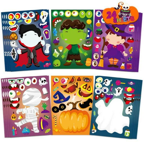 24 Sheets Halloween Stickers for Kids, Halloween Party Favors Stickers, Halloween Craft for Kids Classroom, Halloween Face Stickers for Games Activities Supplies