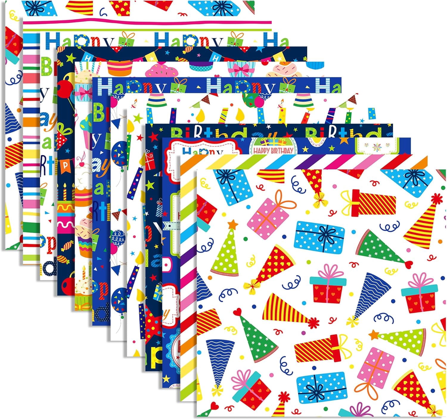 24 Sheets Happy Birthday Scrapbook Paper 11.8'' x 11.8'' Candle Balloon Topper Dessert Gift Birthday Themed Pattern Double Sided Decorative Sheets for DIY, Junk Journal,Collage,Card Making Supplies