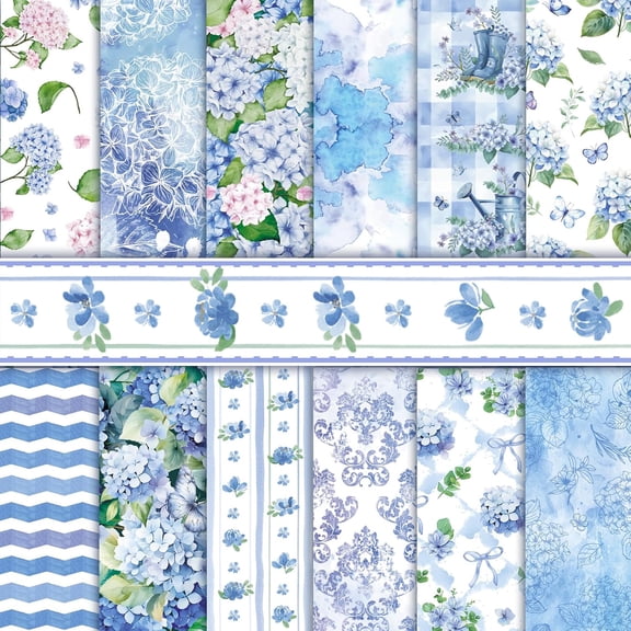 24 Sheets Hydrangea Scrapbook Paper 11.8x11.8, Double Sided Blue Hydrangea Pattern Paper Floral Cardstock Craft Papers Flower Origami Papers for Card Making Kit Scrapbook Supplies