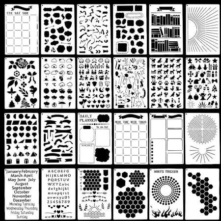 24 Sheets Journal Stencils Kit Plastic Clear White Drawing Painting Create Calendars Schedule Productivity Templates Stencil