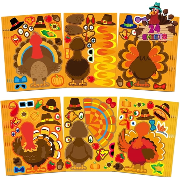 24 Sheets Make Your Own Turkey Face DIY Stickers, Thanksgiving Gift Turkey Stickers Craft Kits, Autumn Fall Party Party Favors Games Stickers for Classroom Crafts