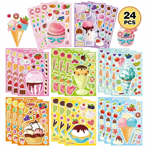 24 Sheets Make Your Own Ice Cream Stickers for Kids, DIY Dessert Mix and Match Craft Kit, Summer Birthday Party Favors, Scrapbooking Supplies