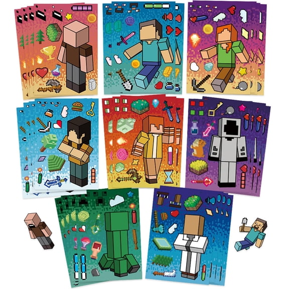 24 Sheets Mine craft Themed Stickers, Mixed & Matched with 8 Designed Characters(3 of Each) Stickers, for Teen Suitable for Water Bottles,Laptop, Phone, Guitar, Skateboard, Travel Case, Notebook