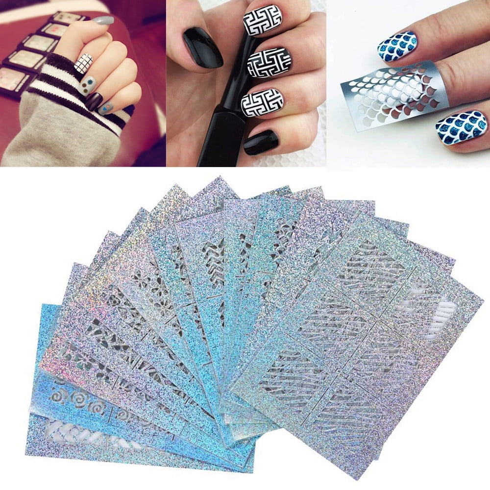 24 Sheets New Nail Hollow Irregular Grid Stencil Reusable Manicure