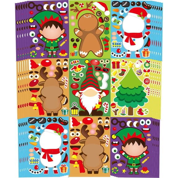 24 Sheets Party Games Sticker - Make Your Own Gnome, Snowman, Reindeer Face Character Stickers for Christmas Crafts Activities - Winter Holiday Party Favors for Kids
