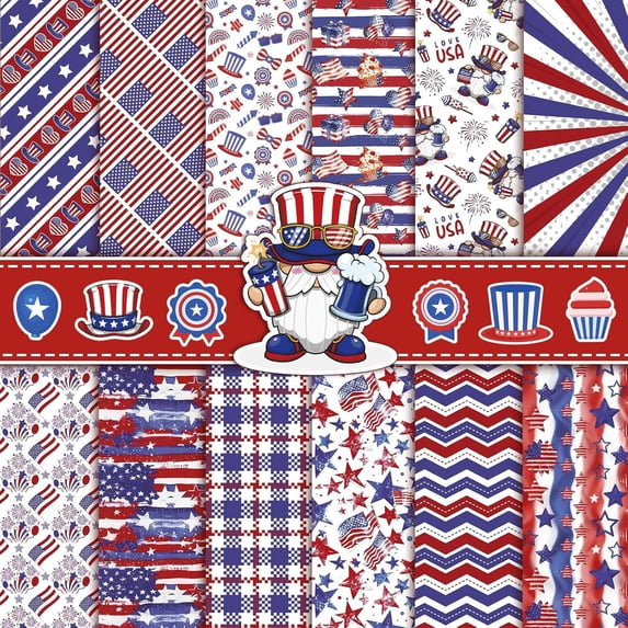 24 Sheets Patriotic Pattern Paper, 12x12 inch American National Day Textured Double Sided Craft Paper for DIY Background Card Making Scrapbook Photo Album Decorations