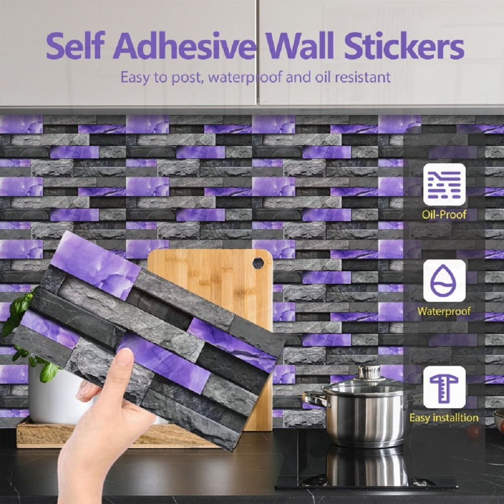 24 Sheets Peel and Stick Backsplash Marble Wall Tiles Waterproof Oilproof Purple Glossy Imitation Stone Brick Wall stickers PVC Shower Wall Panels for Interior Wall Decor