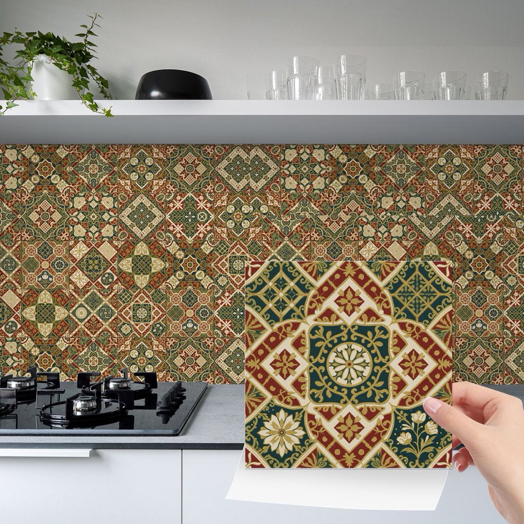 24 Sheets Peel and Stick Tile Sticker Backsplash 7.87" x 7.87" Green Red Flowers Pattern Wall Stickers Self Adhesive Waterproof Decals