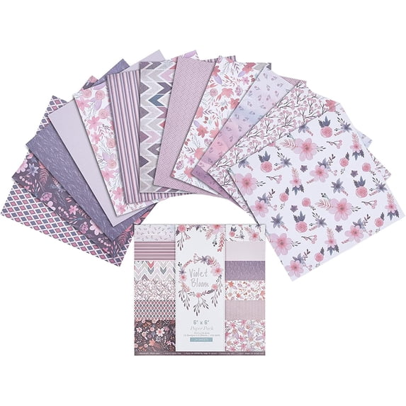 24 Sheets Purple Pattern Paper Pack Floral Cardstock Papers Pad Decorative Scrapbook Cardstock Collection Single-Sided Patterned 6x6 Scrapbooking DIY Holiday Photo Album