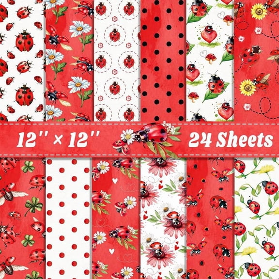 24 Sheets Scrapbook Paper 12inch X 12inch Double-Sided Bows Pattern Paper Decorative Decoupage Cardstock Ladybug