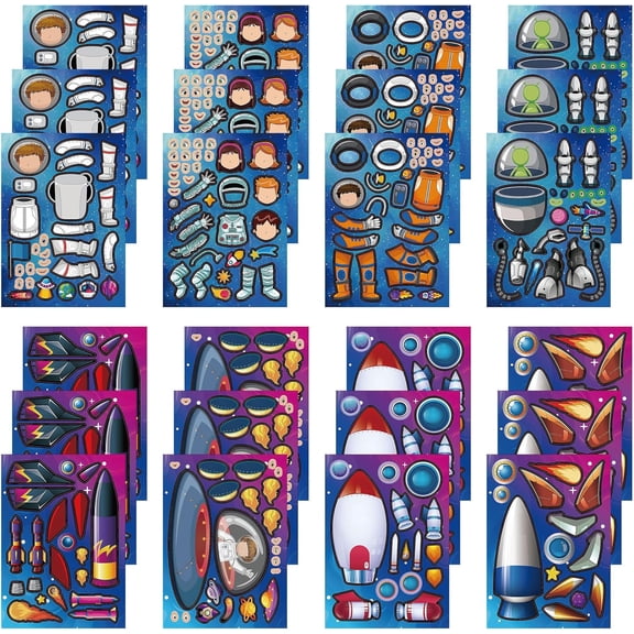 24 Sheets Space Make a Face Stickers, Cute Party Games Decal Mix and Match Sticker, Make Your Own Space Stickers DIY Crafts for Birthday Activities Party Supplies Classroom Rewards Gifts