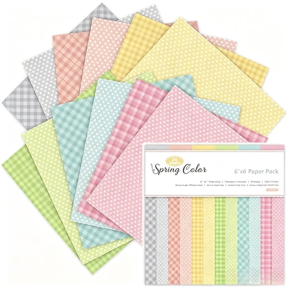 24 Sheets Spring Scrapbook Paper 6"x6", Single-Sided Pastel Grid & Dot Patterned Paper for Card Making, Journals, DIY Crafts