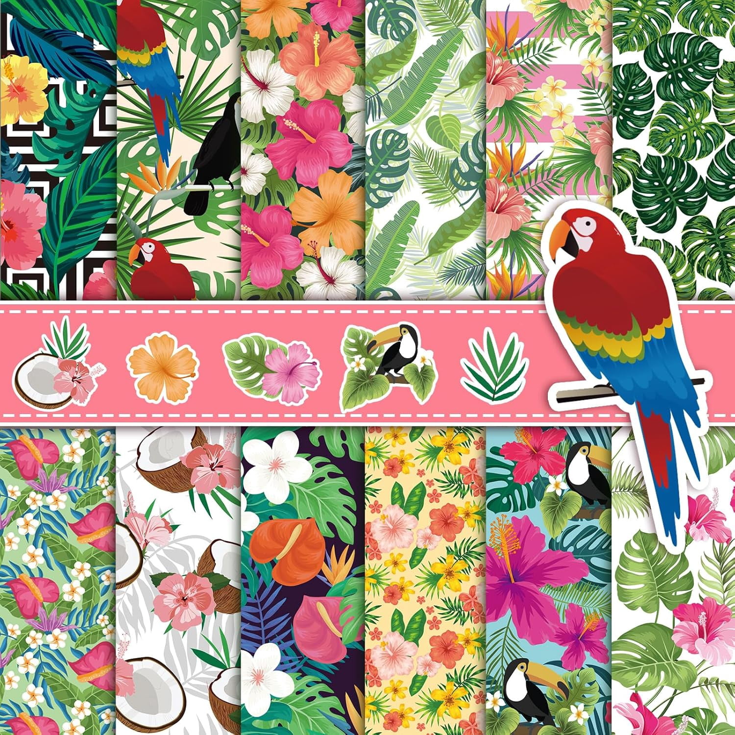 24 Sheets Summer Scrapbook Paper 11.8x11.8, Double Sided Hawaii Patterned Paper Tropical Decorative Cardstock Pad Palm Leaf Origami Papers for Card Making Scrapbook Supplies