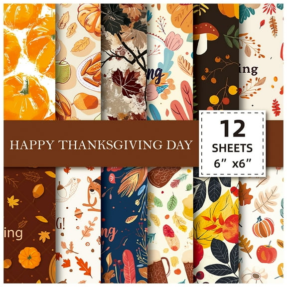 24 Sheets Thanksgiving Autumn Pattern Paper 6 x 6 inch Fall Leaves Pumpkin Plaid Craft Paper Origami Paper for Thanksgiving Card Making Scrapbook 12 Designs