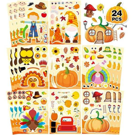 24 Sheets Thanksgiving Stickers for Kids, Make a Turkey Face, Party Games Favors Crafts, Autumn Fall Decorations