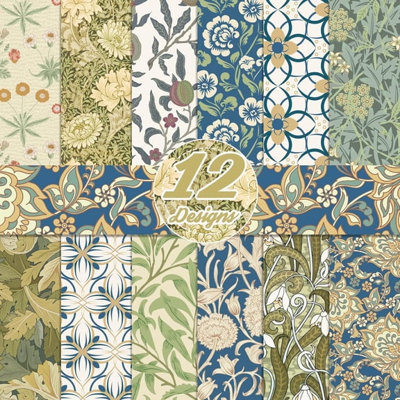 24 Sheets William Morris Wildfloral Scrapbook Paper 12'' x 12'' Green Blue Vines and Flowers Pattern Pad Vintage Flower Double-Sided Cardstock Paper for Background DIY Card Making Origami