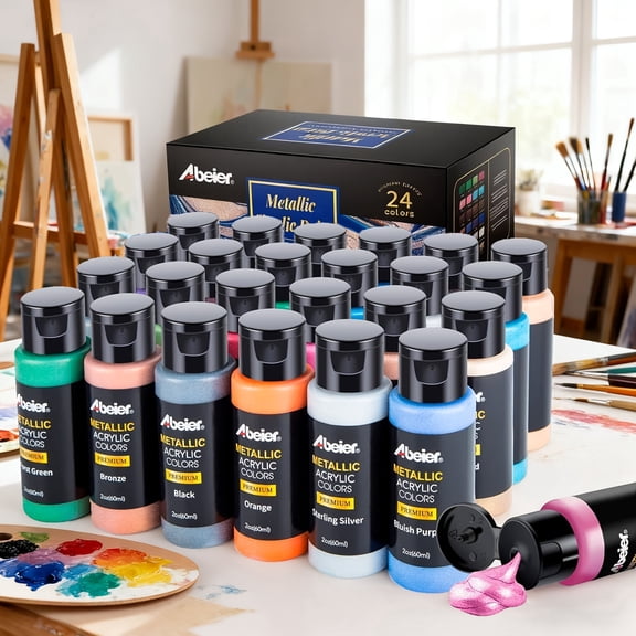 Abeier 24 Colors Shimmer Metallic Acrylic Paint Set, 2oz Squeeze Bottles, Creamy Quick-Dry Waterproof for Artists Beginners