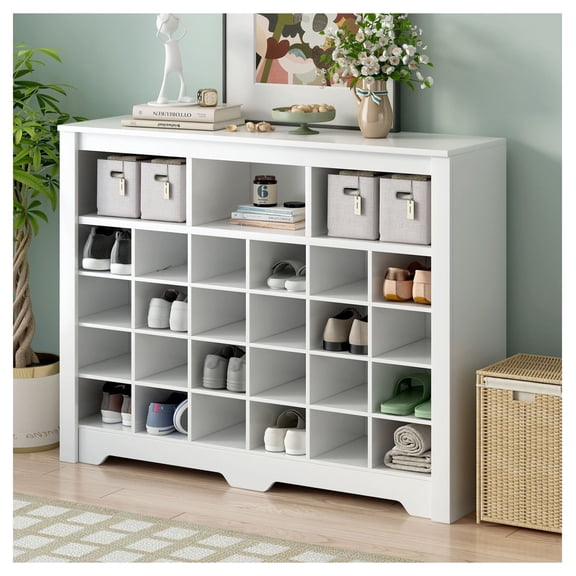 24 Shoe Storage Cubby Console, Modern White Shoe Cabinet with Curved Base, Hallway Sideboard Organizer, Versatile Entryway Furniture