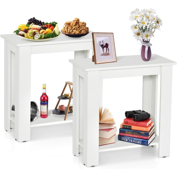 24 Side Table Set of 2, 2-Tier Rectangular End Table with Storage Shelf, Multipurpose Night Stand for Bedroom, Living Room, White