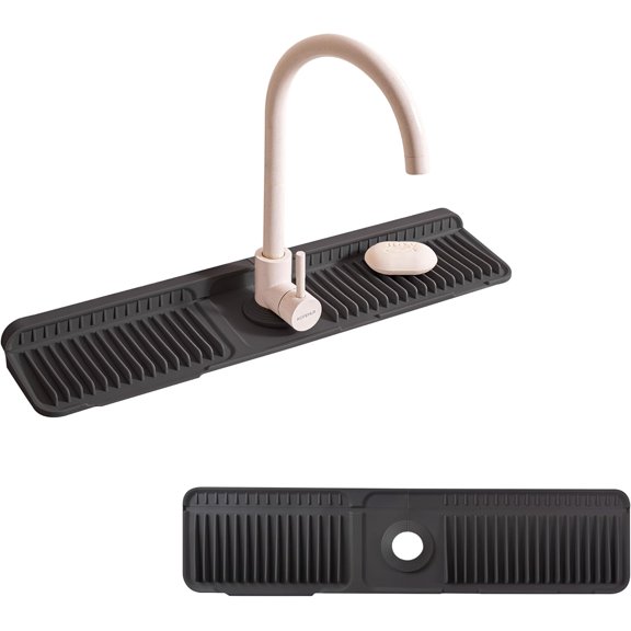 24" Silicone Sink Splash Guard - Kitchen Sink Accessories with Drip Tray, Sponge Holder & Soap Dish, 6 Slope Design for Easy Drainage, Foldable & Fasten Button for Secure Fit, Black