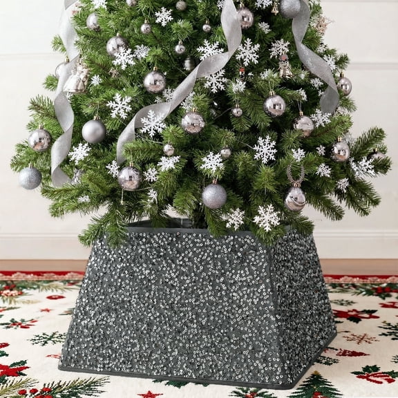 24" Silver-Grey Sequin Christmas Tree Collar - 4-Piece Set, Sparkling Stand Cover for Festive Decor