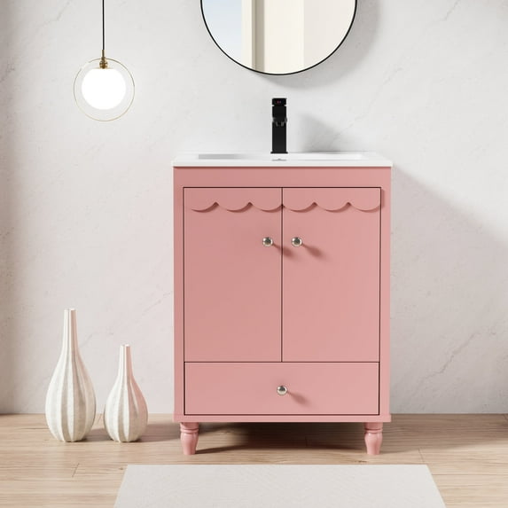 24" Single Bathroom Vanity with Ceramic Sink Top, Faucet, Decorative Wavy Edge