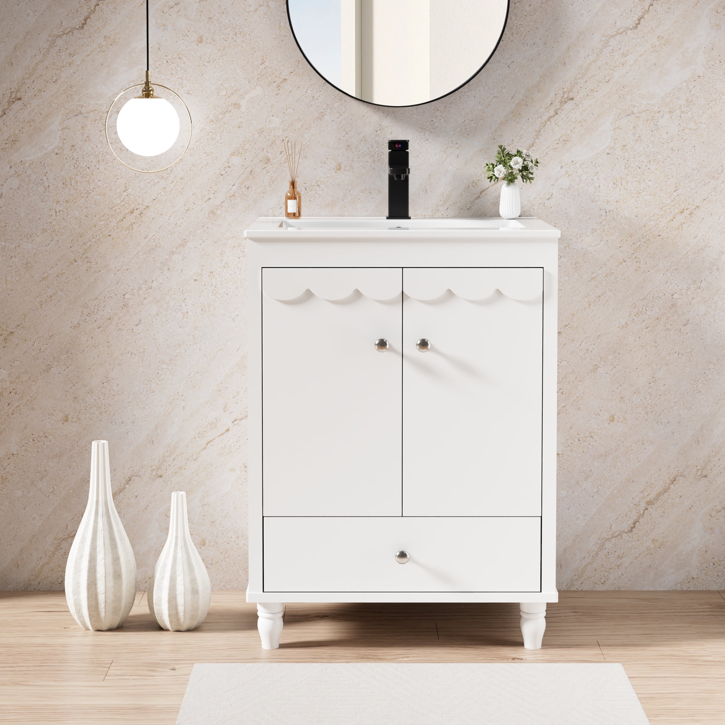 24" Single Bathroom Vanity with Ceramic Sink Top, Faucet, Decorative Wavy Edge